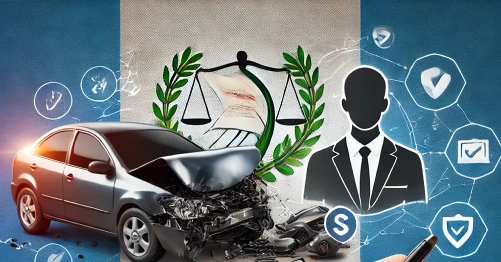 Sistema de punto de venta 9 Documento de seguro de responsabilidad civil siendo firmado, con un coche accidentado de fondo y símbolos de protección legal en Guatemala.